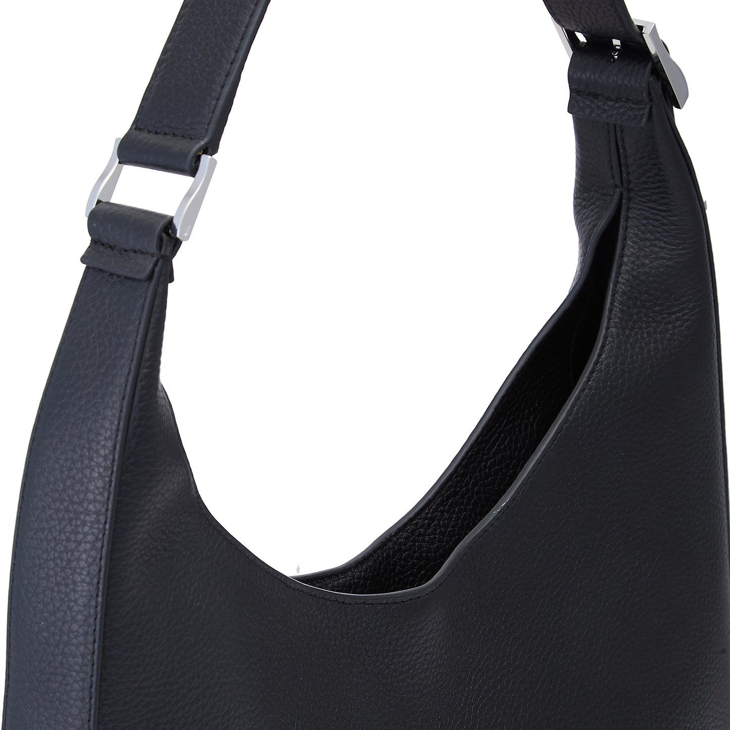Close-up of silver-tone hardware on the Bag It Danny Flatiron black leather shoulder bag