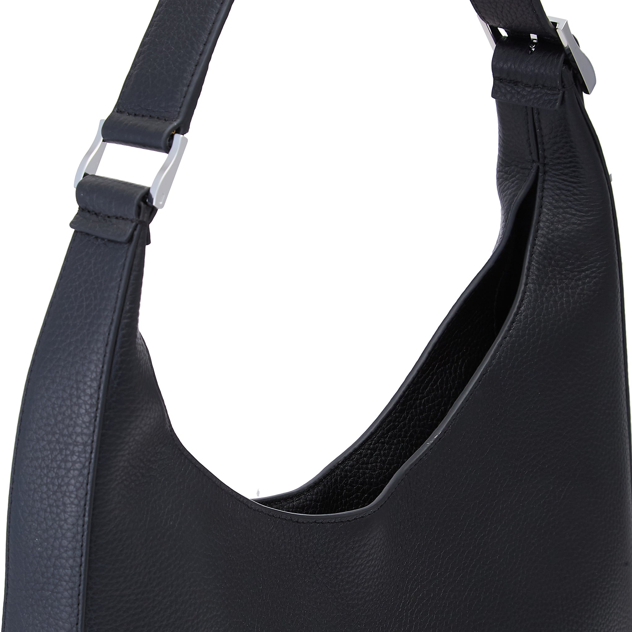 Close-up of silver-tone hardware on the Bag It Danny Flatiron black leather shoulder bag