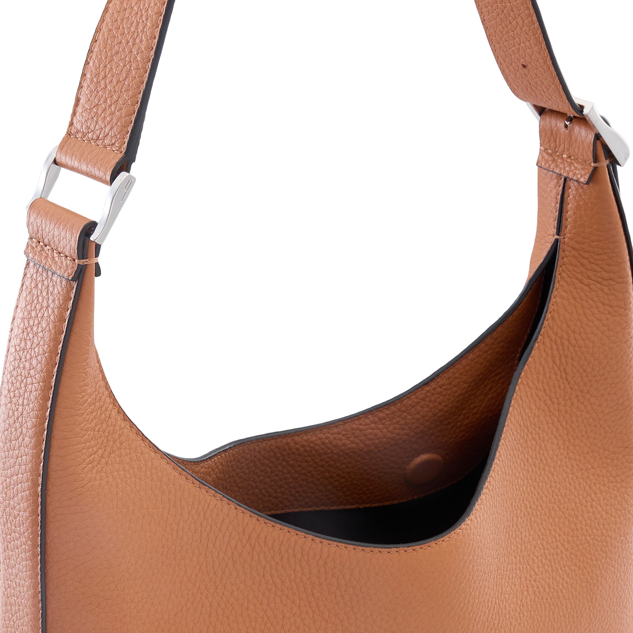 Close-up of hardware and stitching on the Bag It Danny Flatiron clay leather shoulder bag