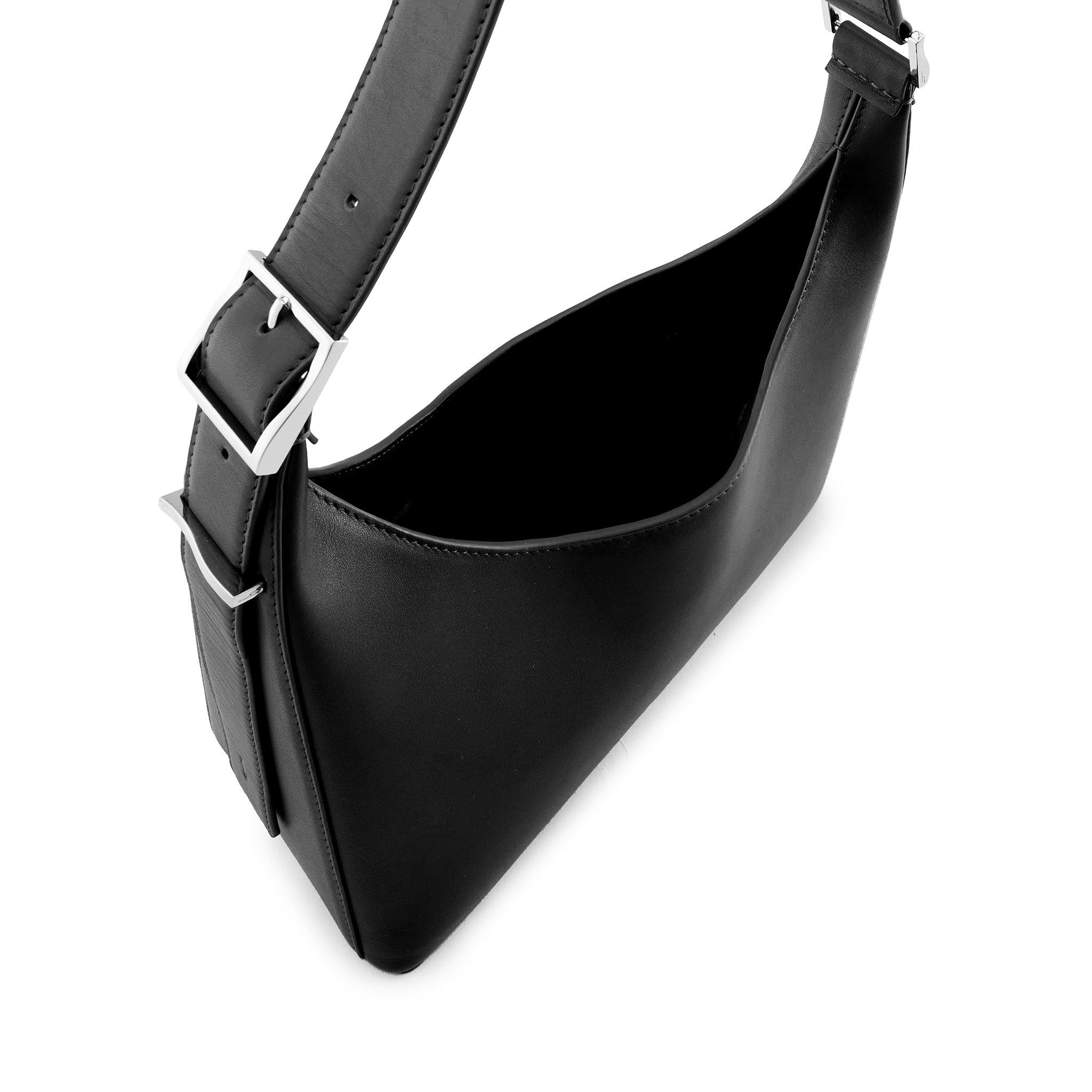 Close-up of hardware detail on the Bag It Danny Flatiron black Nappa leather shoulder bag