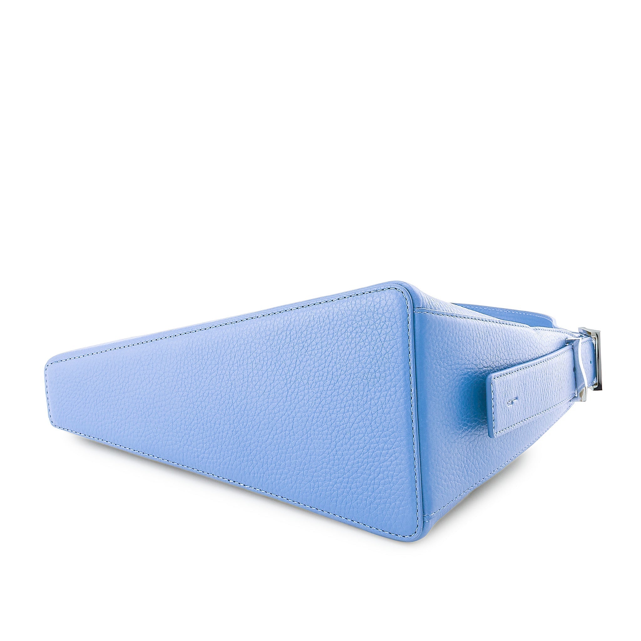 Bag It Danny Flatiron ocean blue pebble leather shoulder bag carried by hand