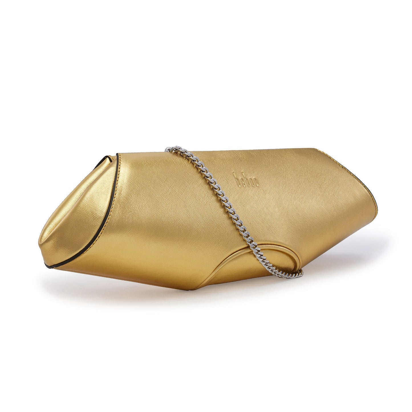 Bag It Elizabeth gold saffiano leather clutch, three-quarter angle view