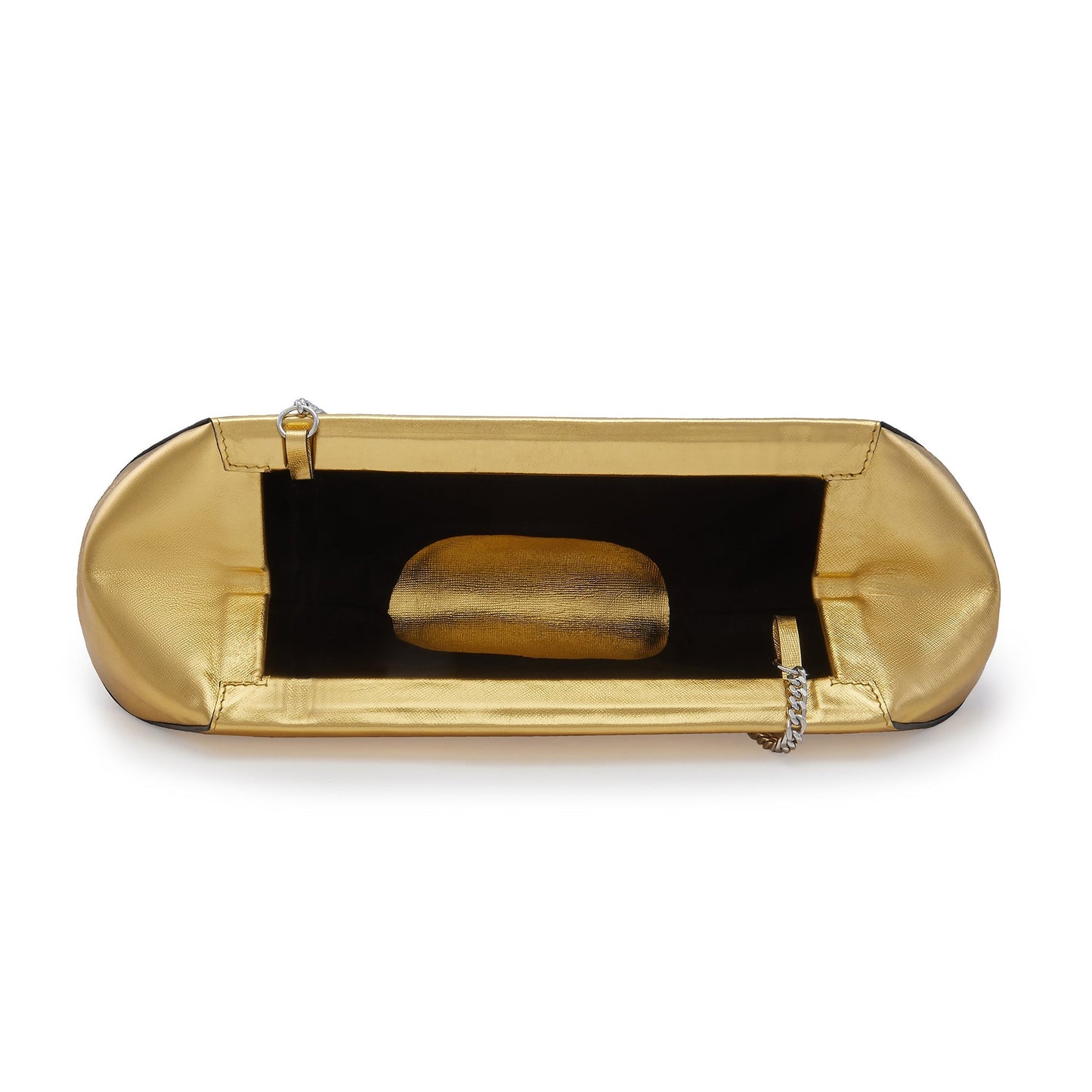 Close-up of the chain strap on the Bag It Elizabeth metallic gold baguette clutch
