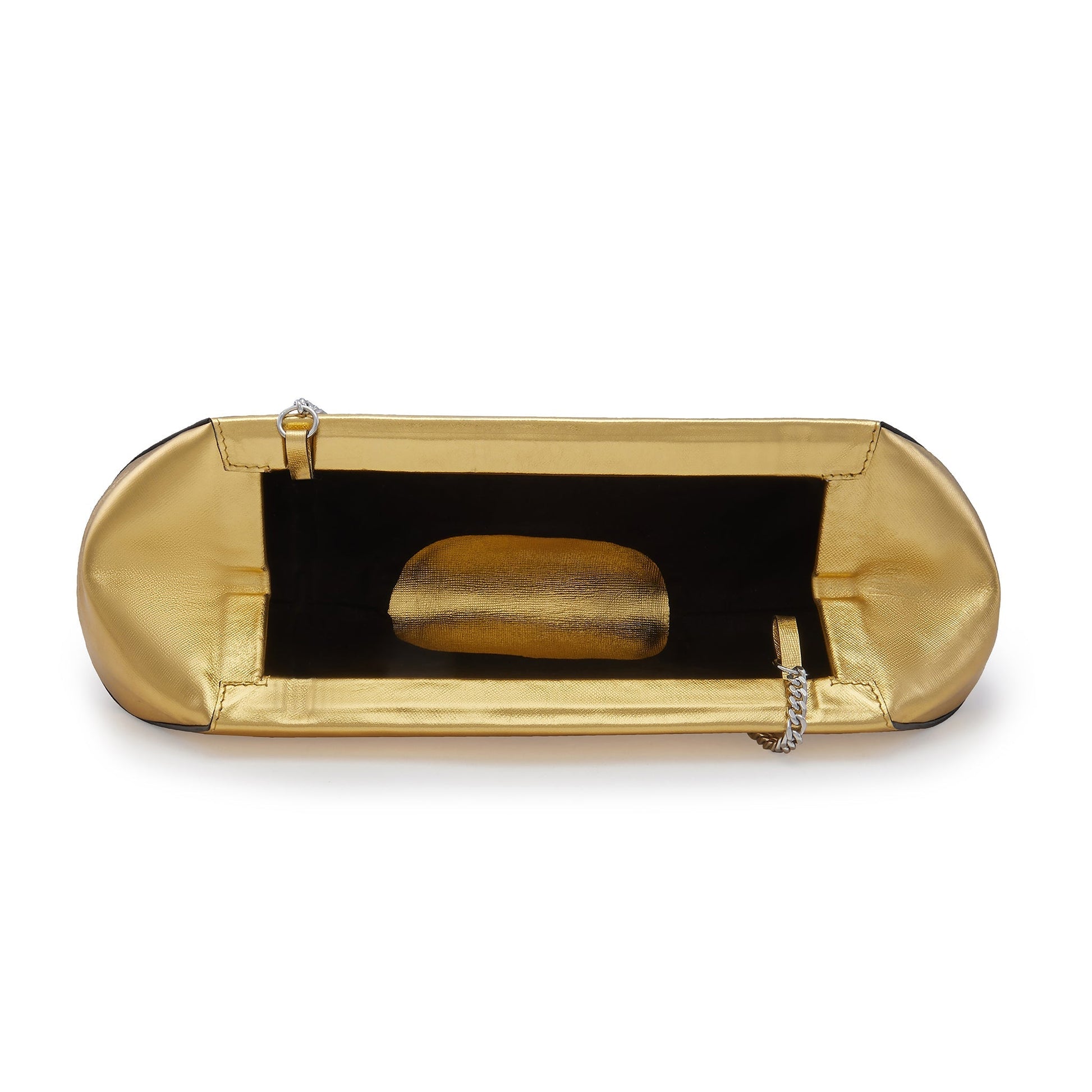 Close-up of the chain strap on the Bag It Elizabeth metallic gold baguette clutch