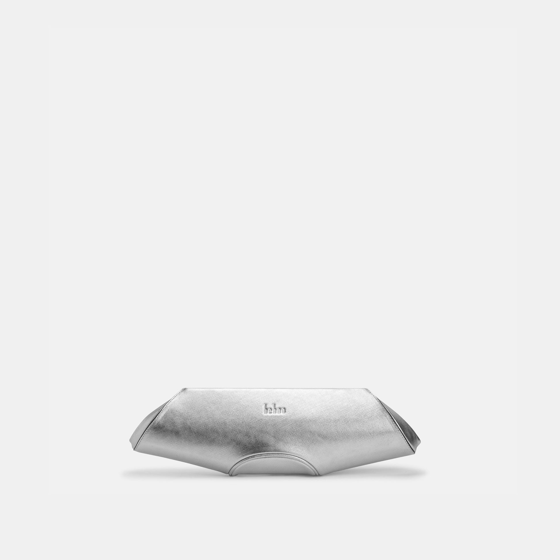 Bag It Elizabeth metallic silver saffiano leather baguette clutch, front view