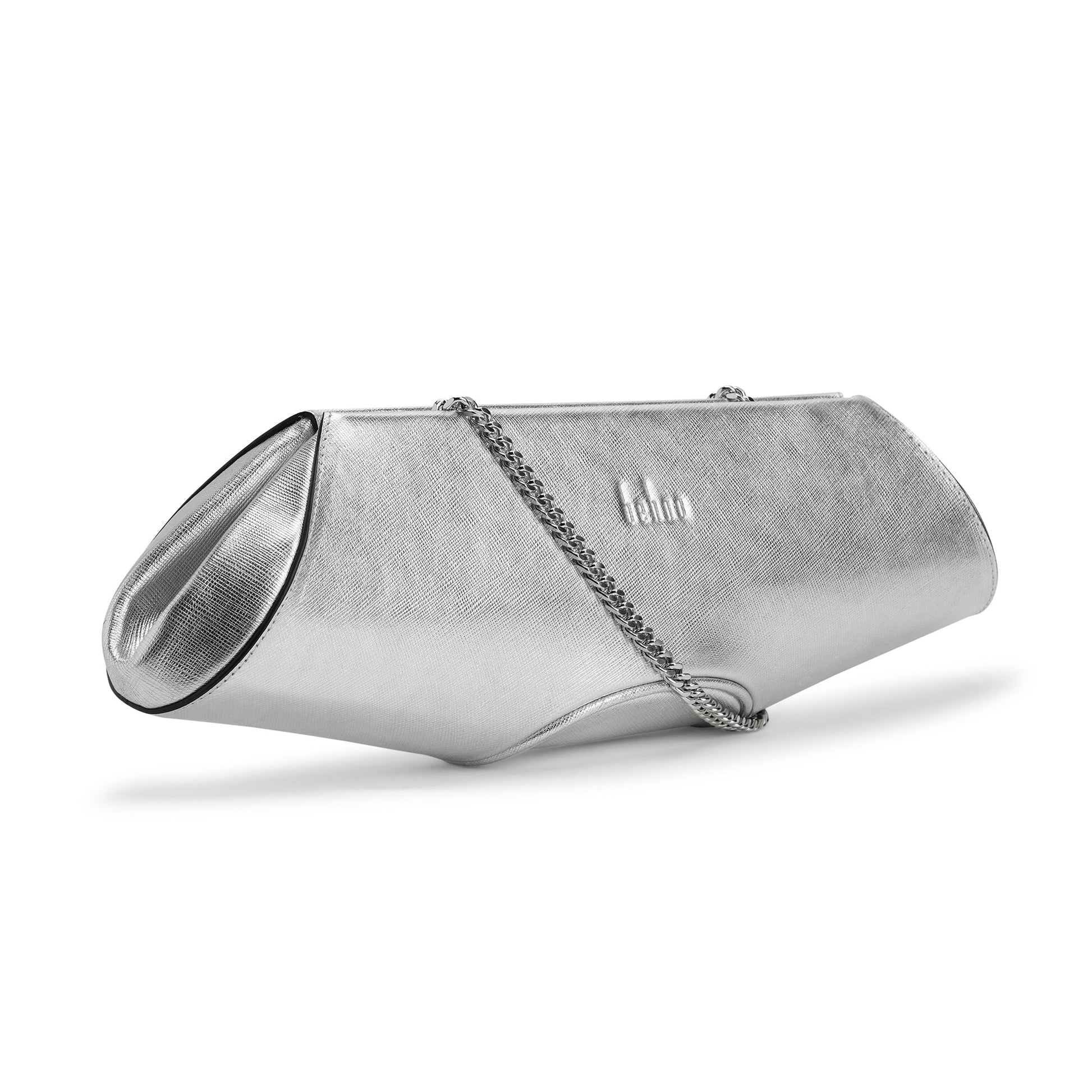 Bag It Elizabeth silver saffiano leather clutch, three-quarter angle view