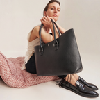 Bag It Elizabeth black pebble leather tote, studio front view