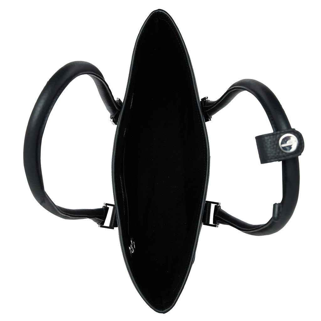 Close-up of the handle hardware on the Bag It Elizabeth black leather tote bag