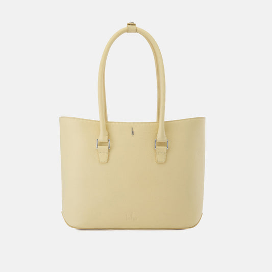 Bag It Elizabeth pebble leather open tote bag in buttercream, front view