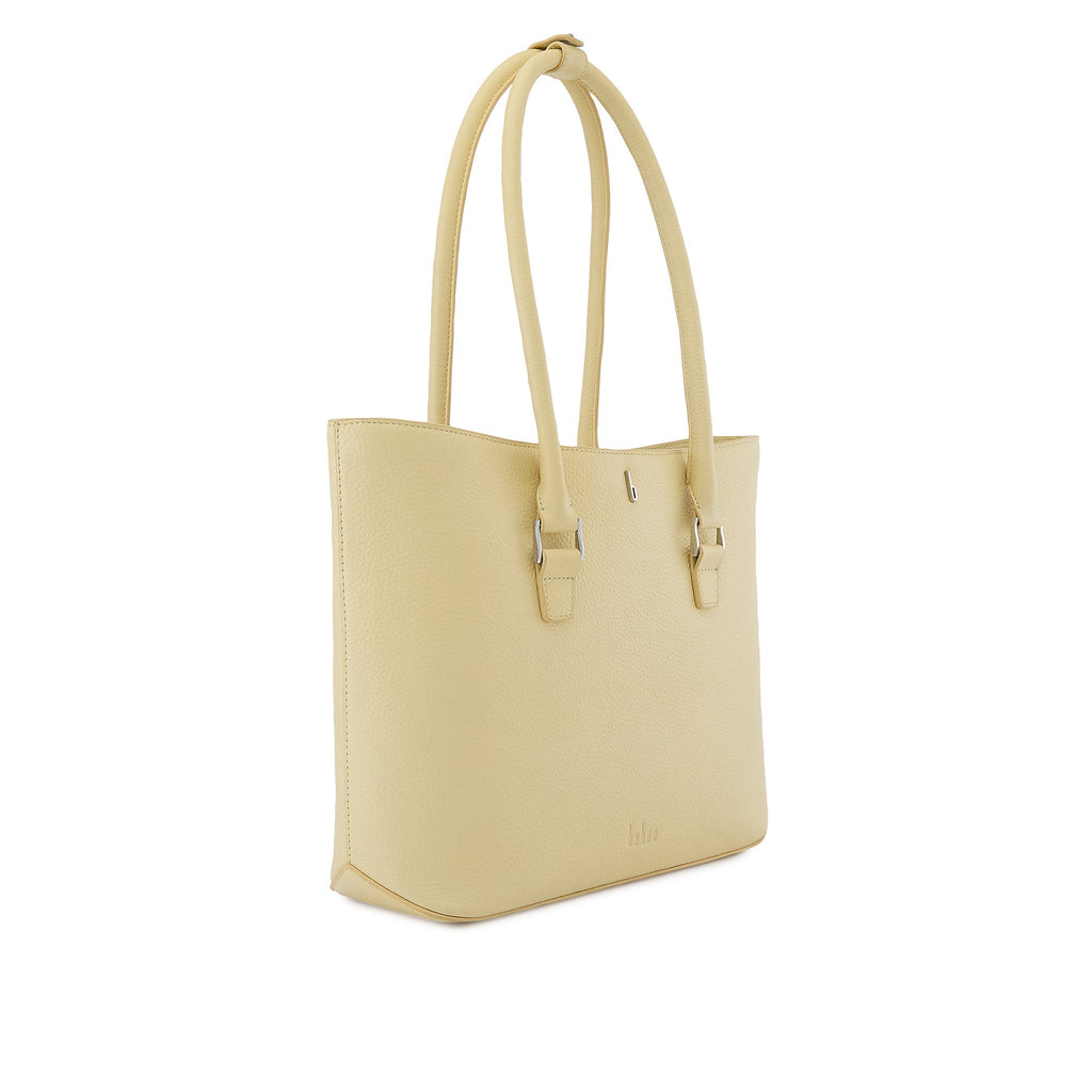 Bag It Elizabeth buttercream leather tote bag, three-quarter angle view