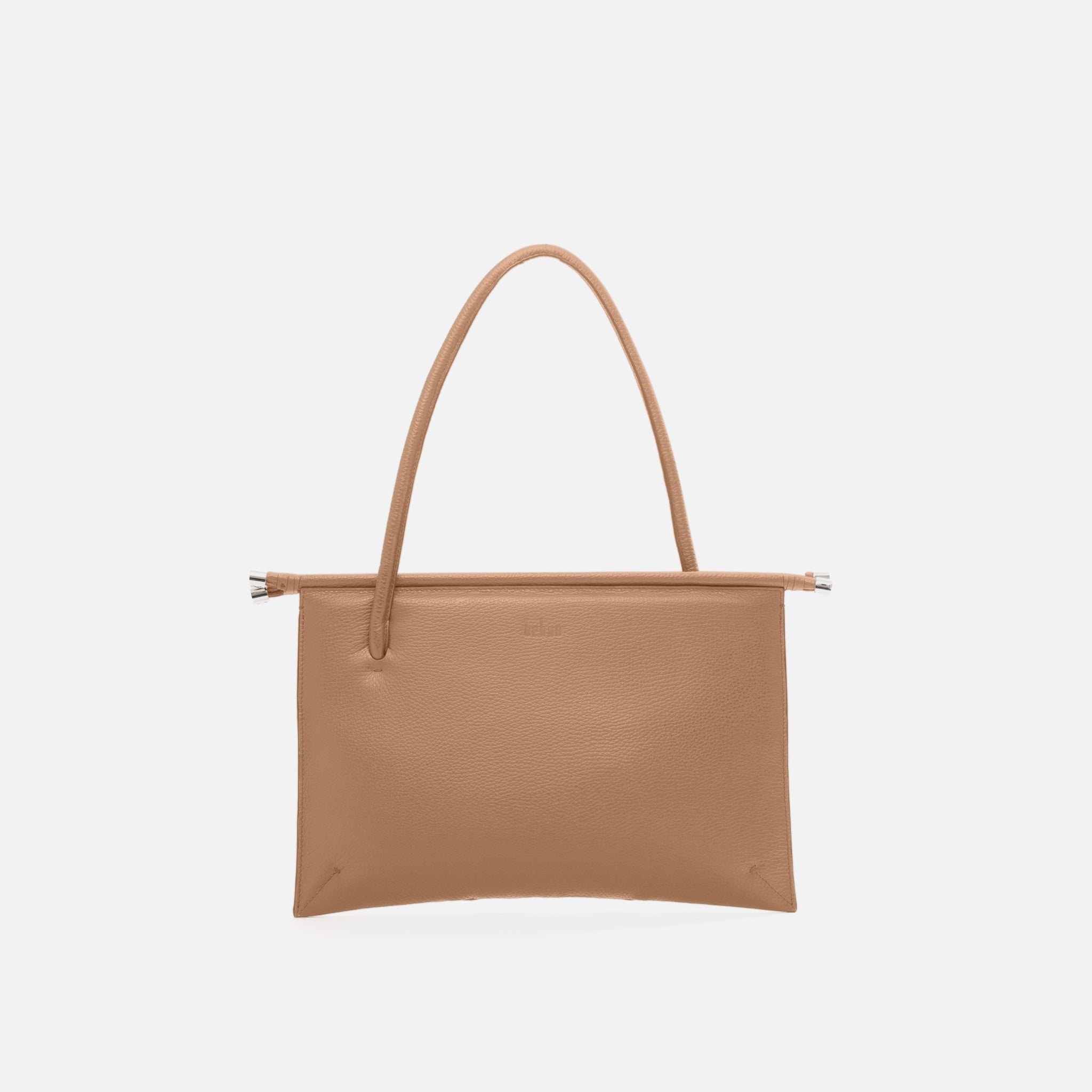 Bag It Frida flat pebble leather tote bag in almond, front view