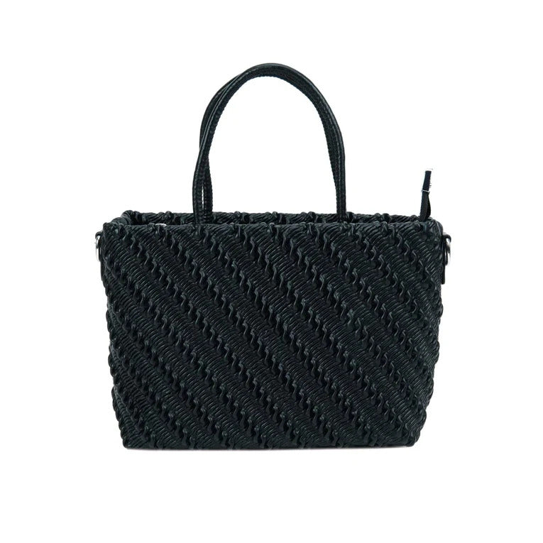 Black woven handbag on a white background