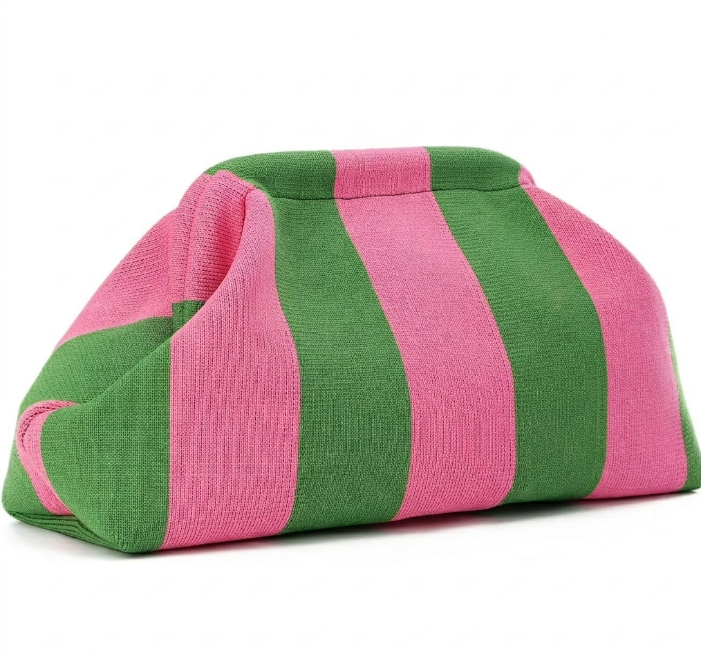 Green and pink striped pouch on a white background