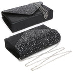 Black clutch bag with silver chain strap on a white background