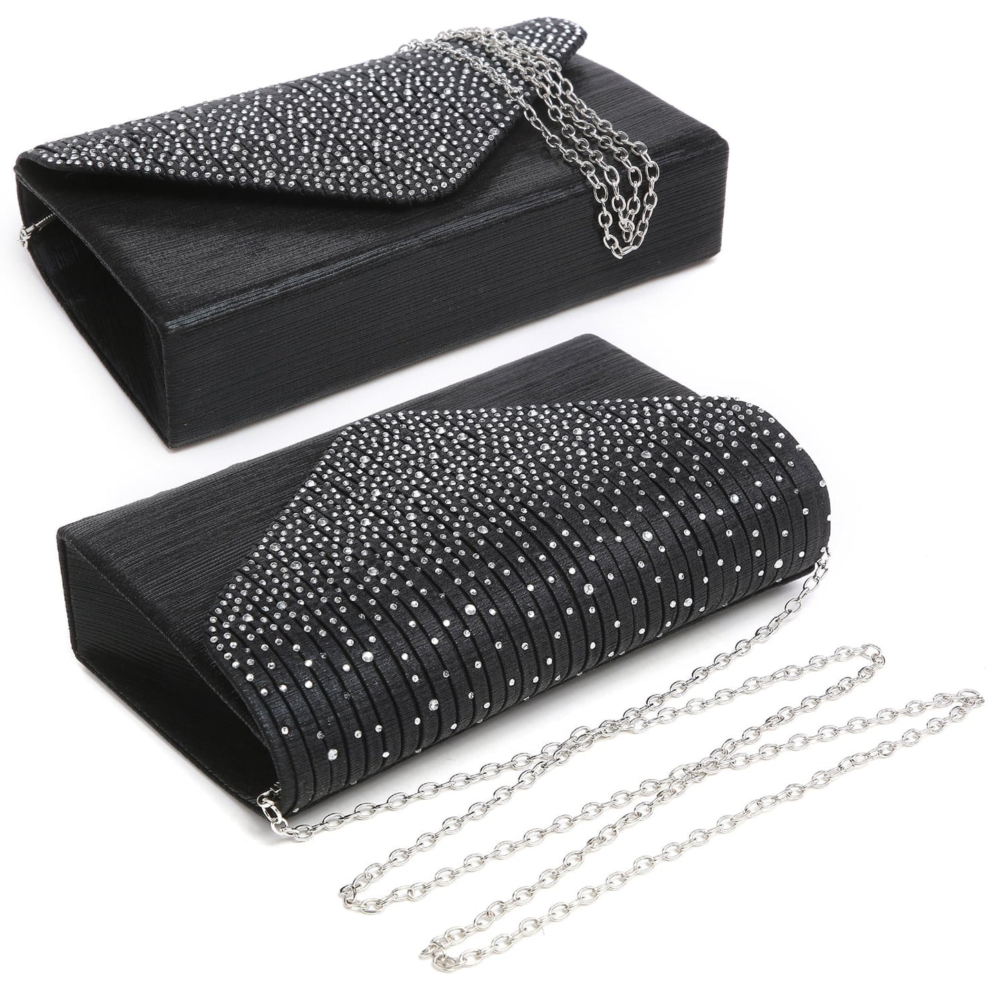 Black clutch bag with silver chain strap on a white background
