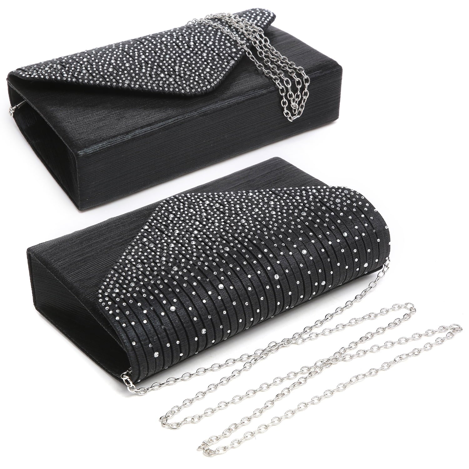 Black clutch bag with silver chain strap on a white background