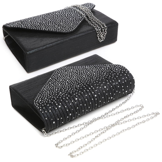 Black clutch bag with silver chain strap on a white background