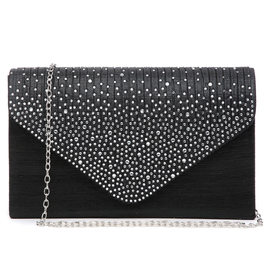 Black clutch bag with silver studded detail and chain strap on a white background