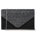 Black clutch bag with silver studded detail and chain strap on a white background