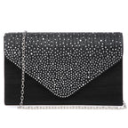Black clutch bag with silver studded detail and chain strap on a white background