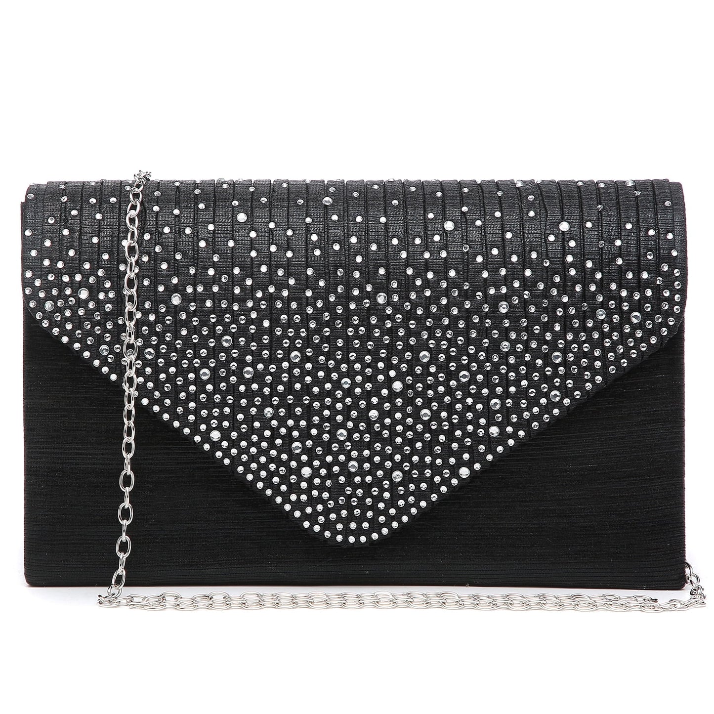 Black clutch bag with silver studded detail and chain strap on a white background