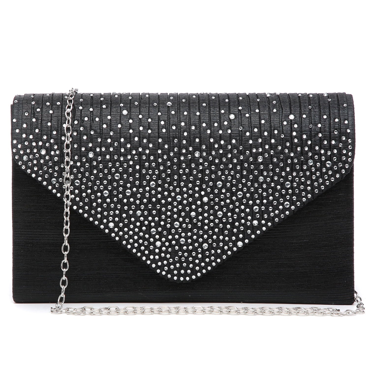 Black clutch bag with silver studded detail and chain strap on a white background