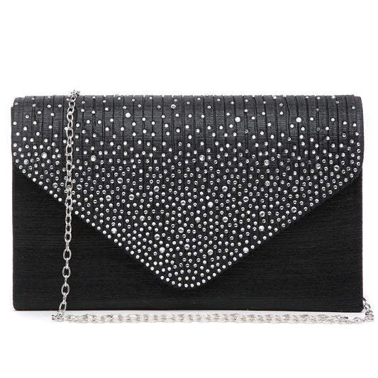 Black clutch bag with silver studded detail and chain strap on a white background