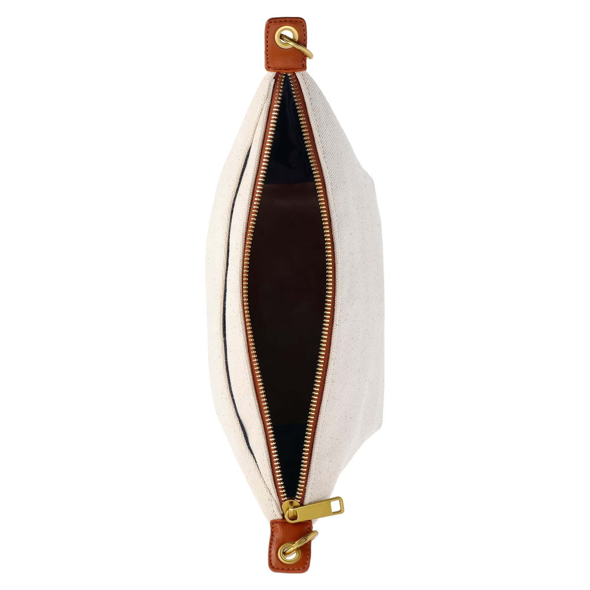 Open beige pouch with gold zipper and accents on a white background