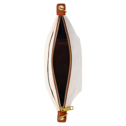 Open beige pouch with gold zipper and accents on a white background