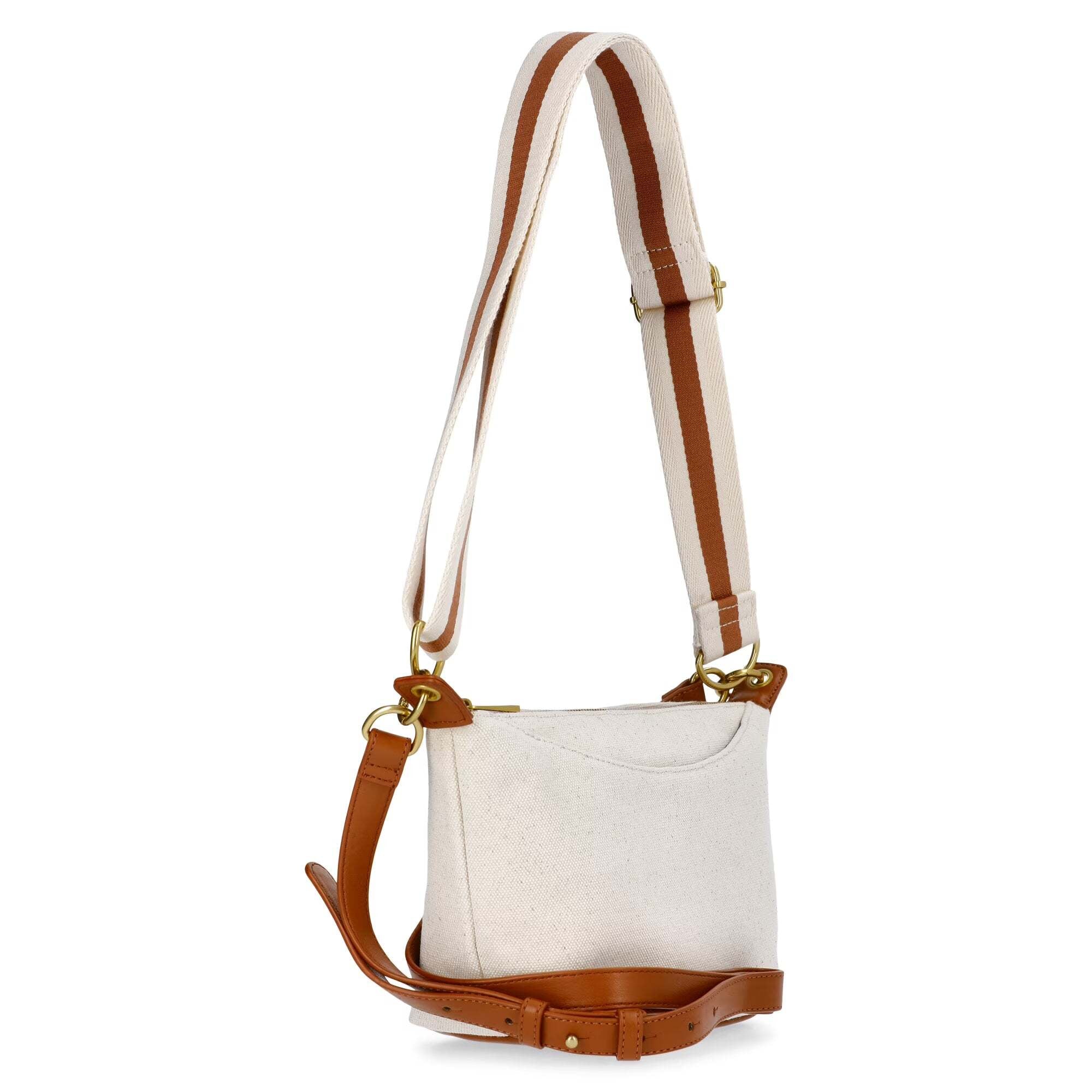White handbag with brown leather straps on a white background
