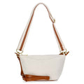 White handbag with brown accents on a white background