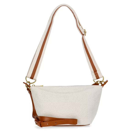 White handbag with brown accents on a white background