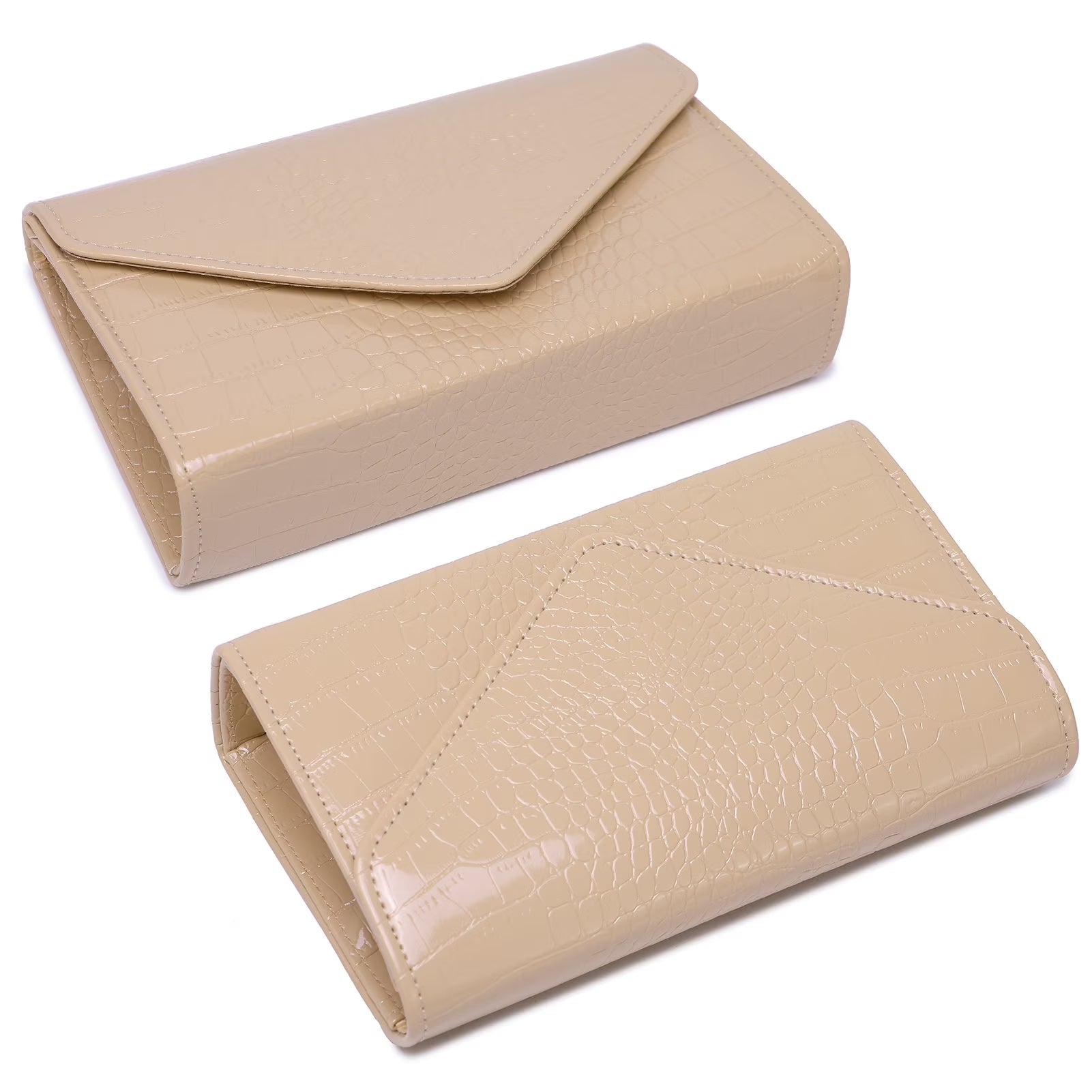 Two beige leather wallets on a white background