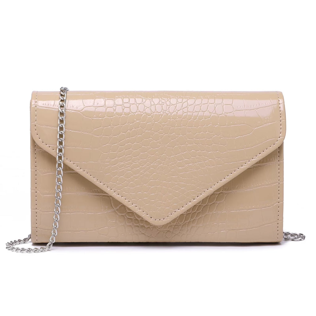 Beige crocodile-textured clutch bag with a chain strap on a white background
