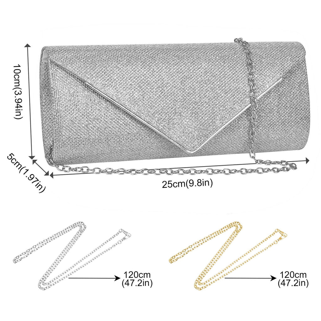 Silver clutch bag with chain strap, measurements indicated on a white background