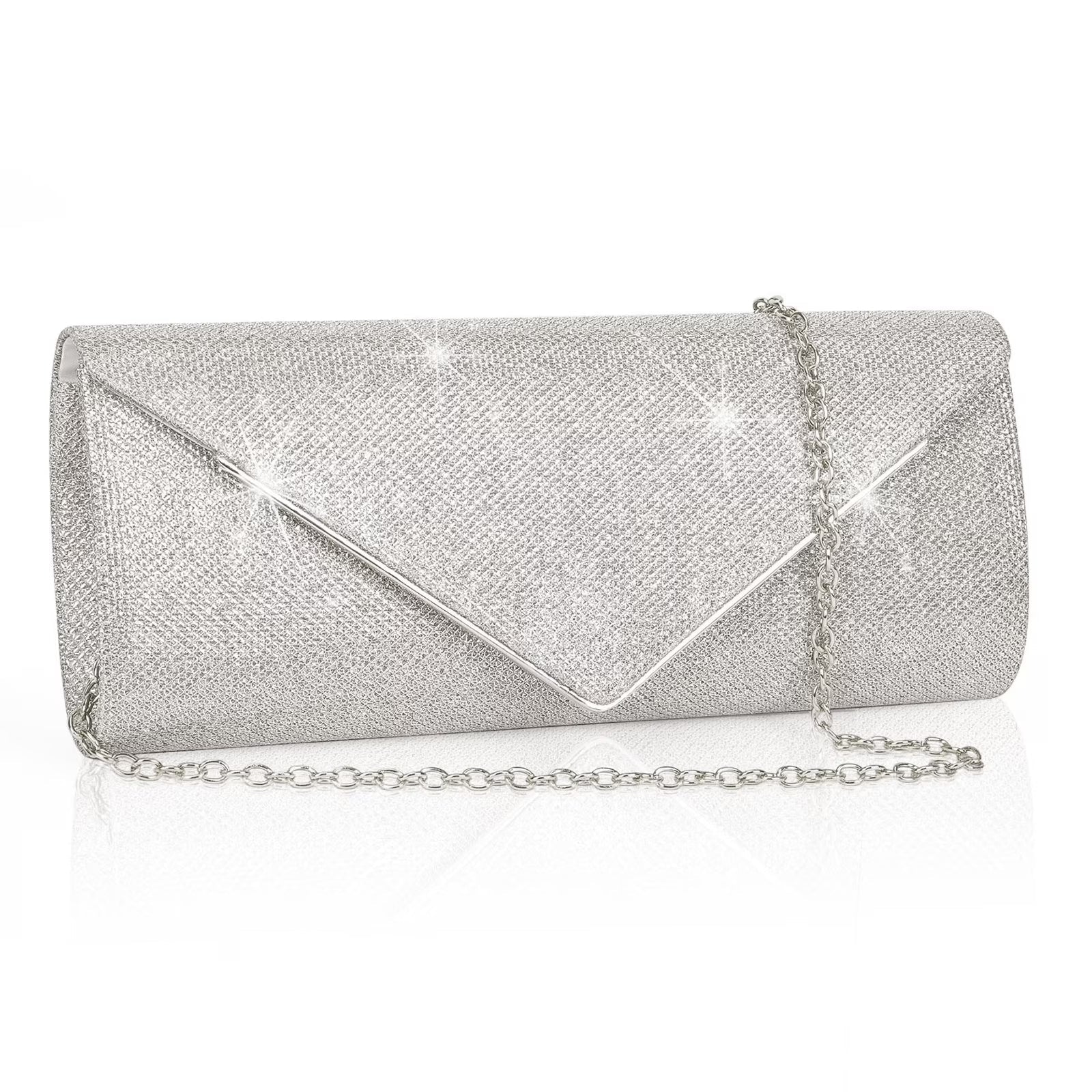 Silver clutch bag with chain strap on a white background