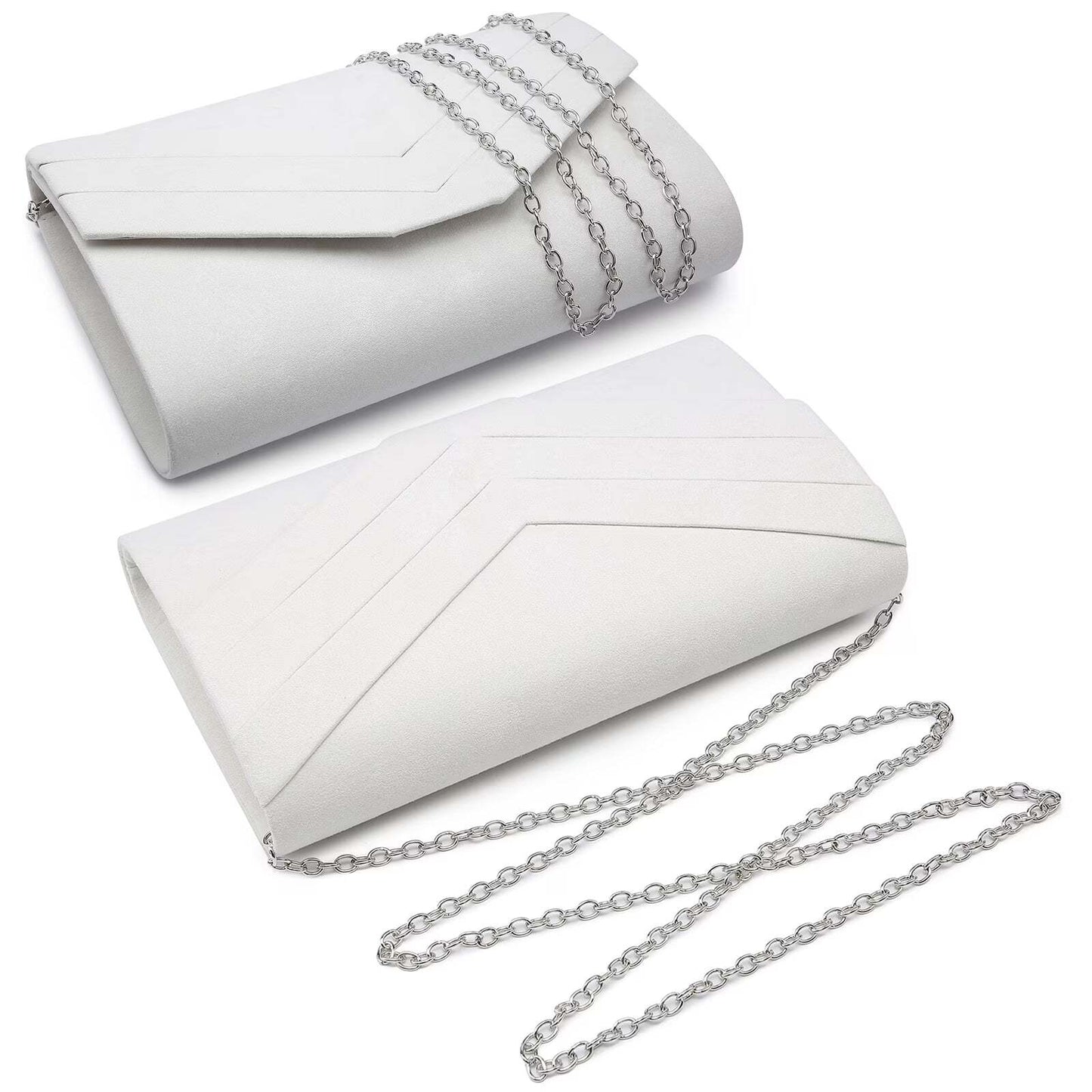 Two white clutch bags with silver chains on a white background