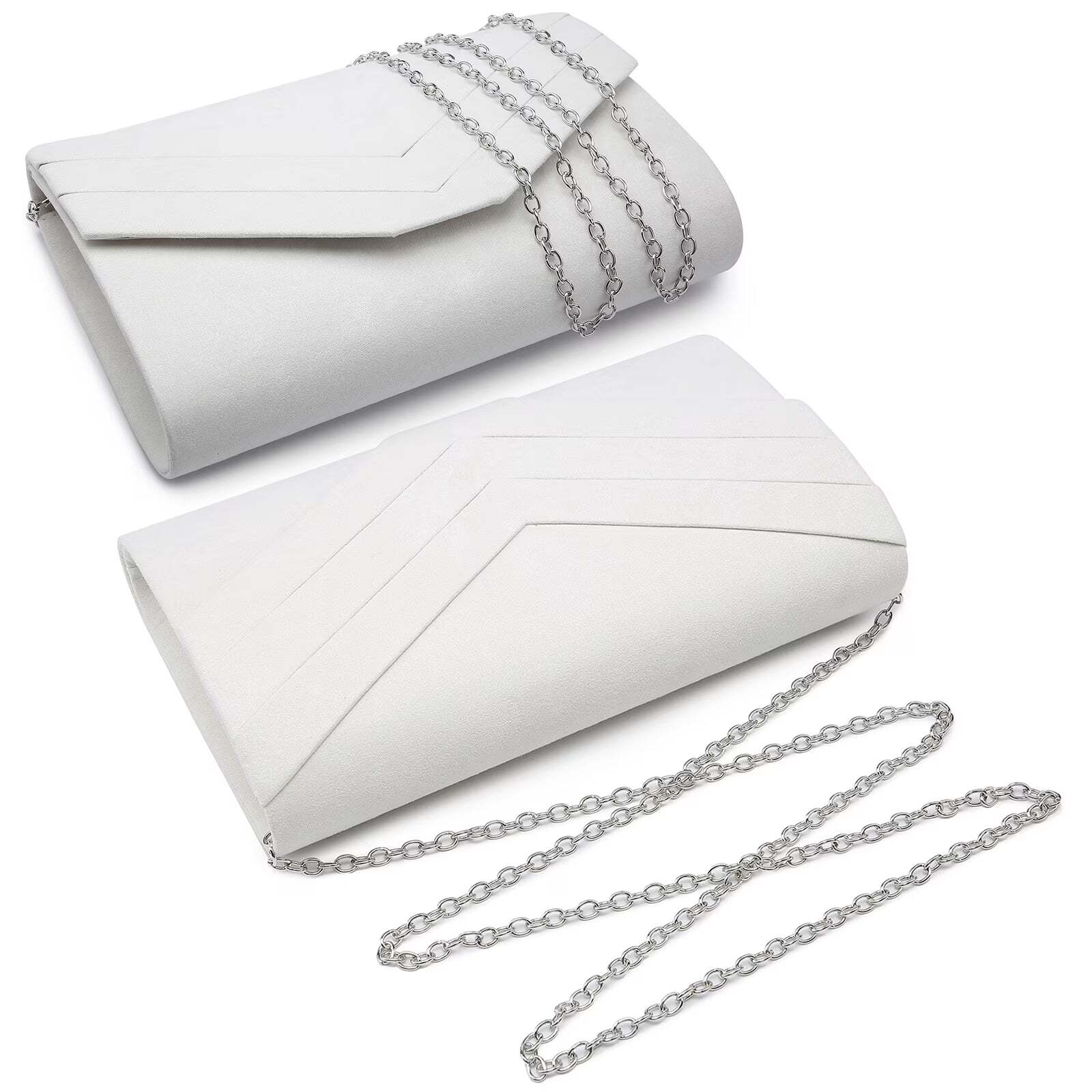 Two white clutch bags with silver chains on a white background