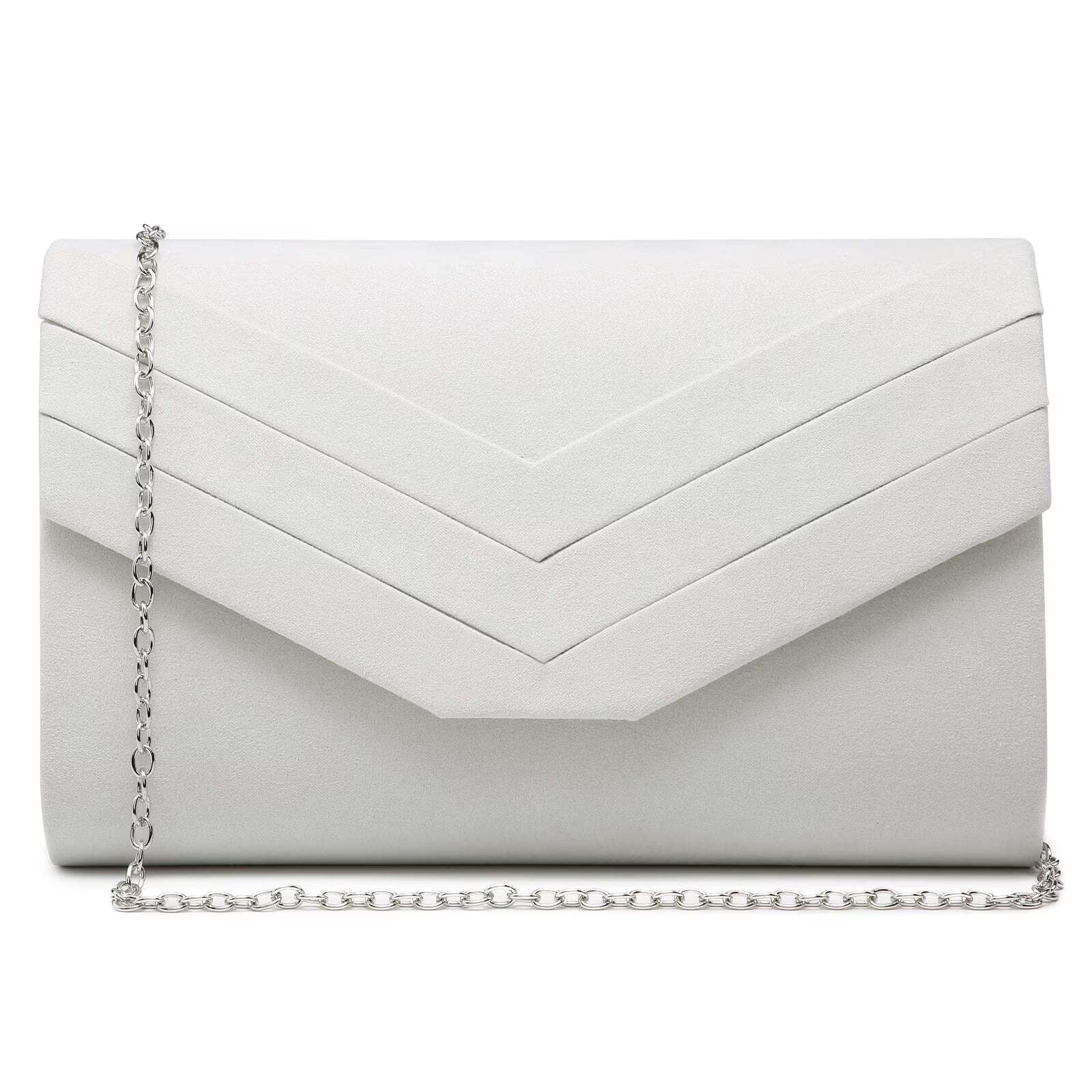 White clutch bag with a chain detail on a white background