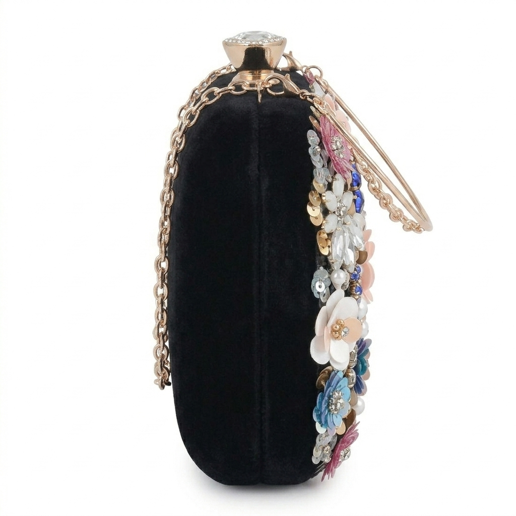 Black velvet clutch with floral embellishments and a chain strap on a white background