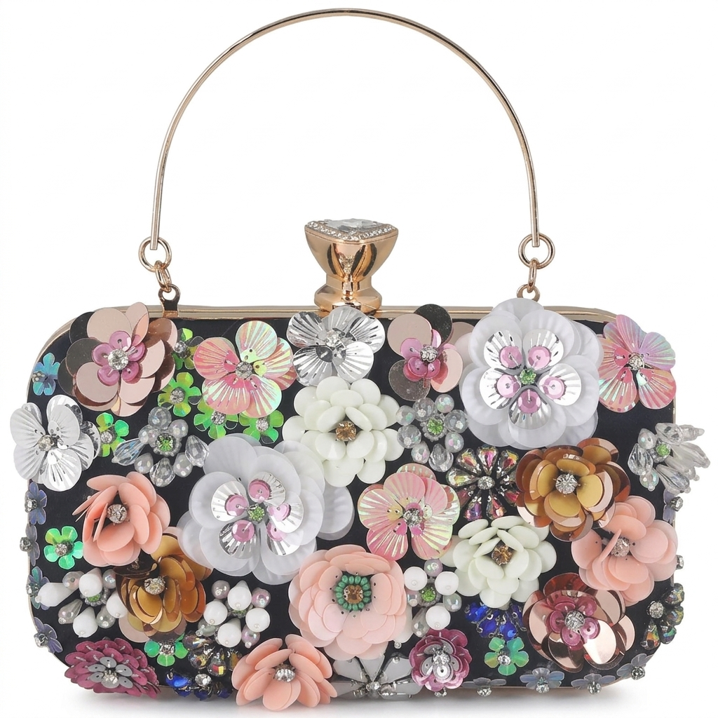 Decorative handbag with floral patterns and embellishments on a white background