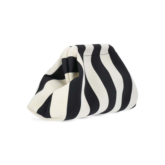 Black and white striped clutch bag on a white background