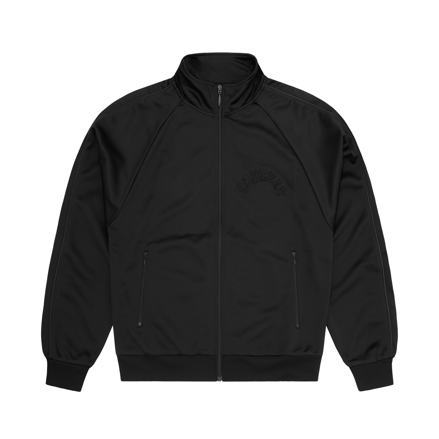 Corteiz Black Poly Crest Arch Track Jacket, Triple Black, front view showing applique logo at chest