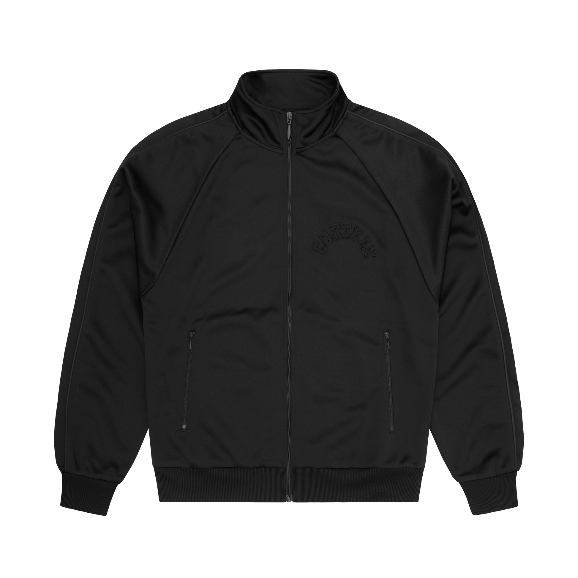 Corteiz Black Poly Crest Arch Track Jacket, Triple Black, front view showing applique logo at chest