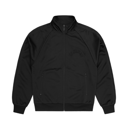 Corteiz Black Poly Crest Arch Track Jacket, Triple Black, front view showing applique logo at chest