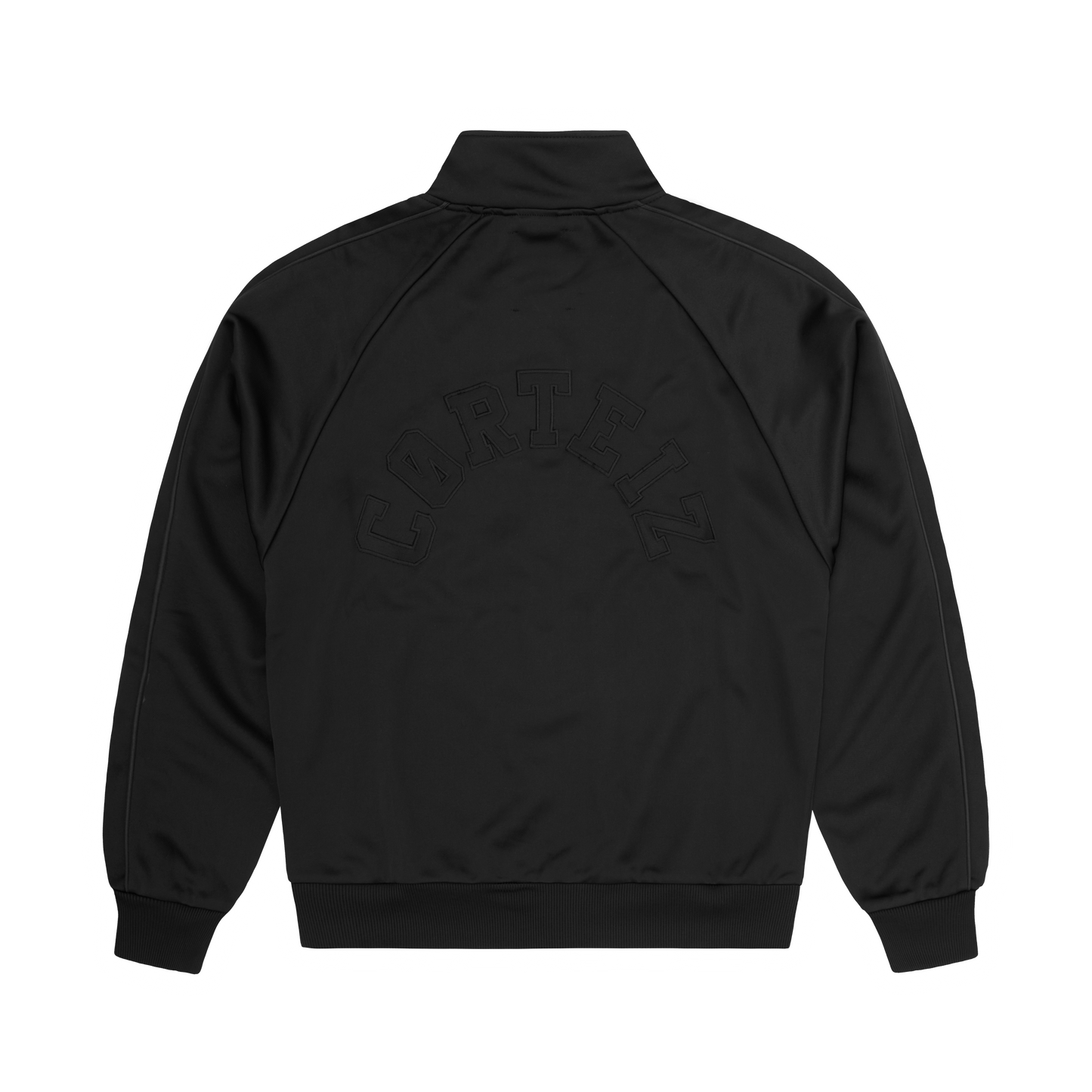 Corteiz Black Poly Crest Arch Track Jacket, Triple Black, back view showing applique logo detail