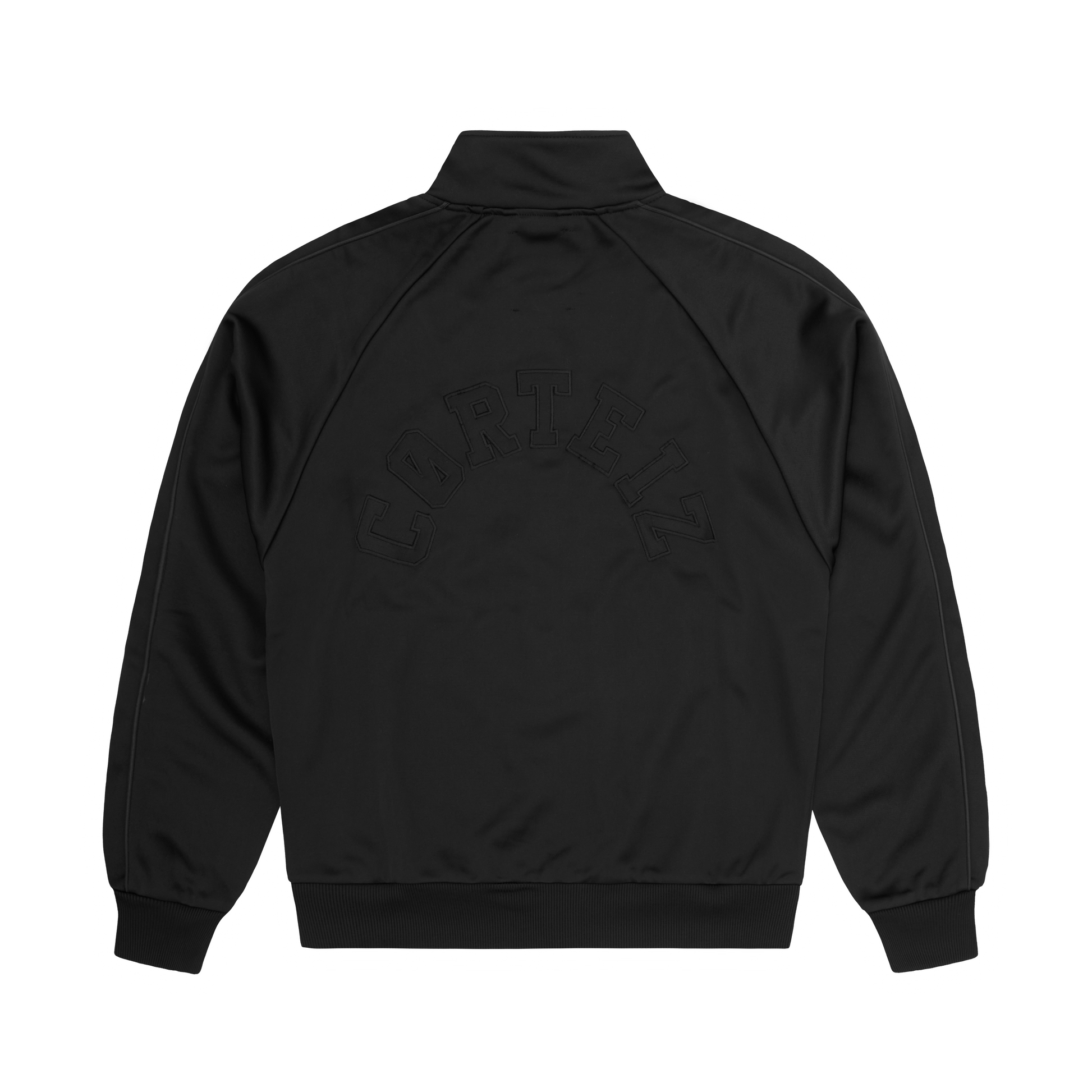Corteiz Black Poly Crest Arch Track Jacket, Triple Black, back view showing applique logo detail