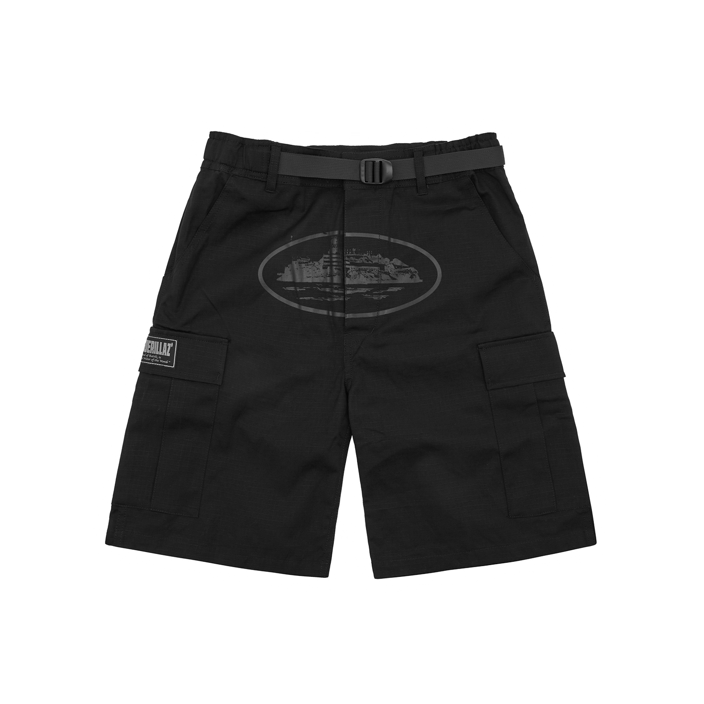 Corteiz Black Cotton Ripstop Alcatraz Cargo Shorts, Triple Black, front view showing straight leg fit and integrated belt