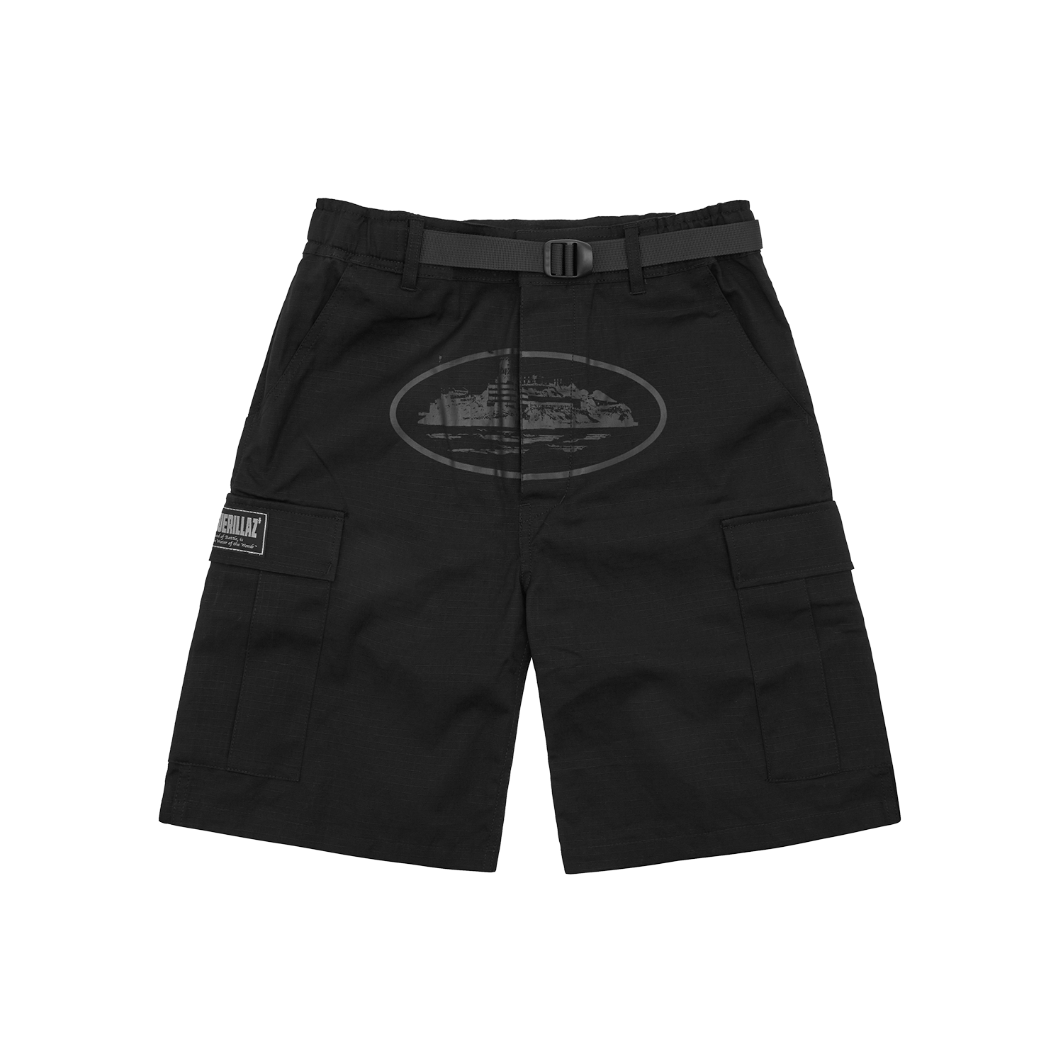 Corteiz Black Cotton Ripstop Alcatraz Cargo Shorts, Triple Black, front view showing straight leg fit and integrated belt