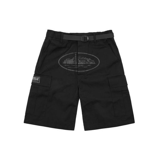 Corteiz Black Cotton Ripstop Alcatraz Cargo Shorts, Triple Black, front view showing straight leg fit and integrated belt